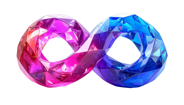 Crystalline abstract knot with pink and purple hues paired with faceted knot in blue and magenta tones, isolated on transparent background