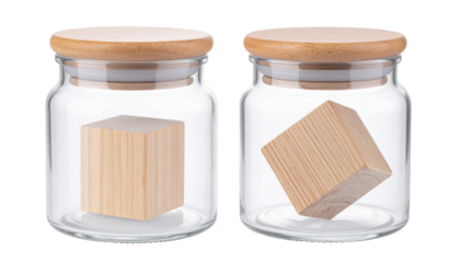 Floating wooden cube in glass jar variations isolated on transparent background