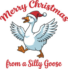 Festive white goose wearing santa hat spreading christmas cheer and fun wishes from a silly goose
