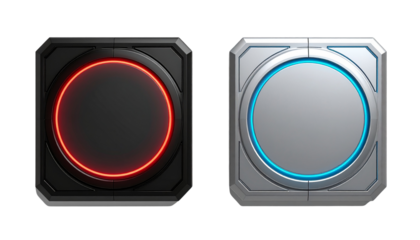Futuristic black platform with glowing red ring and sleek silver platform with neon blue ring, isolated on transparent background
