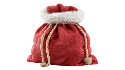 Red Santa gift sack overflowing with presents isolated on white high resolution transparent PNG clipart for Christmas designs cards stickers print on demand
