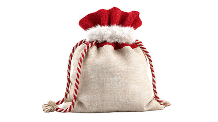 Red Santa gift sack overflowing with presents isolated on white high resolution transparent PNG clipart for Christmas designs cards stickers print on demand
