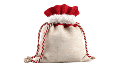 Red Santa gift sack overflowing with presents isolated on white high resolution transparent PNG clipart for Christmas designs cards stickers print on demand
