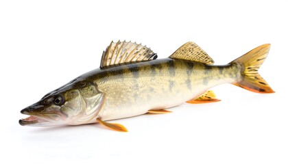 Closeup shot of a fresh with goldenyellow Zander fish isolated on white backdrop.