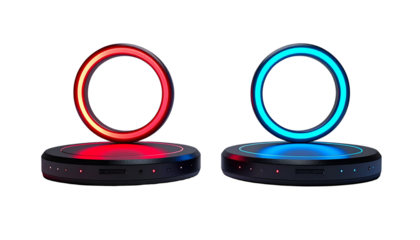 Minimalist black display platform with red LED ring and dark gray platform with cyan light ring, isolated on transparent background