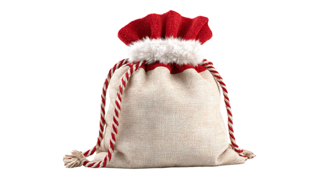 Red Santa gift sack overflowing with presents isolated on white high resolution transparent PNG clipart for Christmas designs cards stickers print on demand
