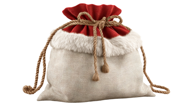 Red Santa gift sack overflowing with presents isolated on white high resolution transparent PNG clipart for Christmas designs cards stickers print on demand

