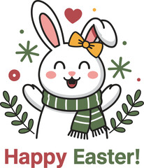 Adorable cartoon white easter bunny with scarf and bow wearing cheerful expression perfect for holiday greetings