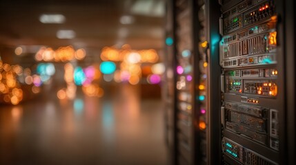Powerful server room illuminated with festive lights creates a dynamic technology backdrop perfect for holiday season promotions and cutting-edge data solutions