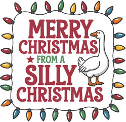 Festive goose says merry christmas from a silly celebration with colorful string lights border