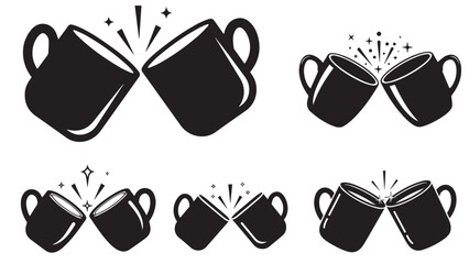 Clinking Cups Silhouette with Two Mugs Tilt and Sparkle Dots, Cheerful Black Toast Icon for Cocoa Nights, Coffee Breaks, and Festive Social Templates