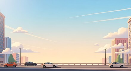 Vector illustration of an urban cityscape with cars driving on an overpass against a bright, glowing sky and modern buildings in the background