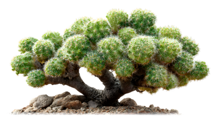 Closeup of a green thimble cactus with white spines growing on rocks against a in a desert environment