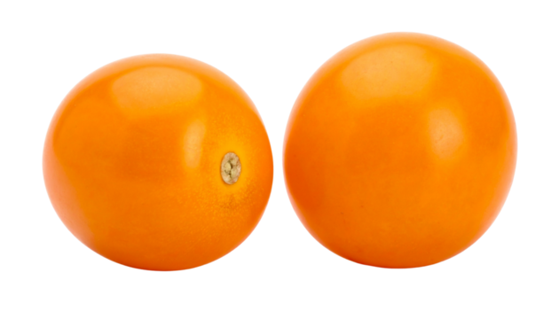 Pair of glossy orange spheres with textured surfaces, isolated on transparent background