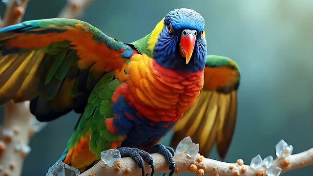 A hyper-realistic parrot with feathers shifting through metallic rainbow gradients perched on a glass-like crystal branch &mdash; fusion of nature and fantasy art.
