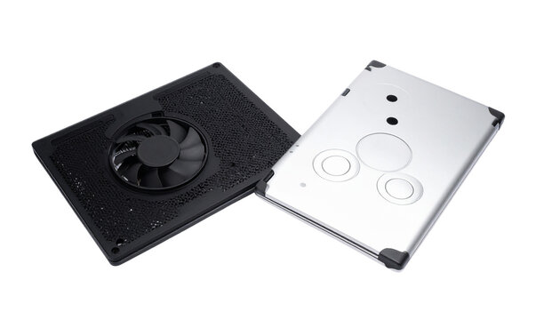 Pair of laptop cooling pads with built-in fans, isolated on transparent background
