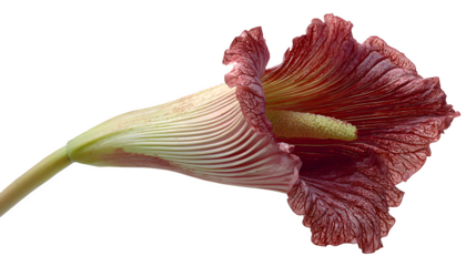 Closeup of a striking voodoo lily showcasing its unique burgundy petals and textured spadix against a stark a botanical marvel