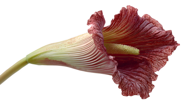 Closeup of a striking voodoo lily showcasing its unique burgundy petals and textured spadix against a stark a botanical marvel