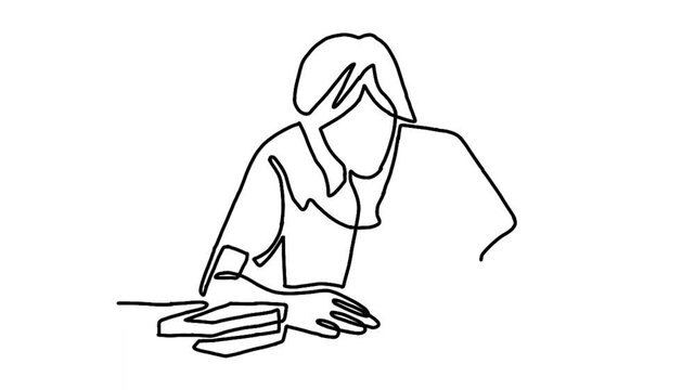 Continue line animation of girl writing for homework 
