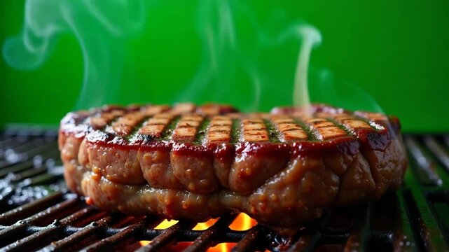 Sizzling steak grilling over open flames, a culinary masterpiece in motion for food lovers and grilling enthusiasts on a vibrant green background