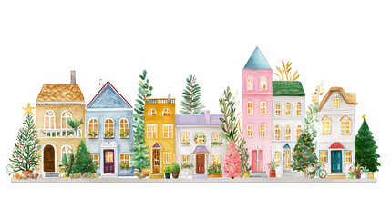 Colorful row of charming, whimsical houses decorated with plants and Christmas trees on a black background