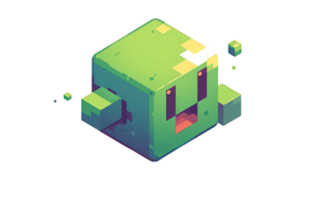 Pixelated Green Cube Character Smiling With Transparent Background And Pixel Art Style