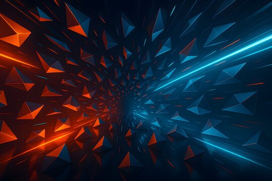 Abstract tunnel of flying pyramids in vivid blue and orange colors