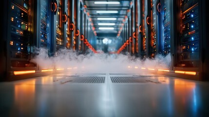 Dramatic server room with cool blue and orange lights, smoke, and glowing technology creating a futuristic data center atmosphere.