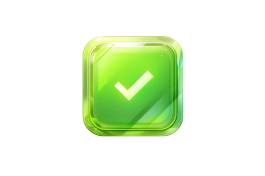 Transparent Green Check Mark Square Icon with Shiny Surface Isolated on Black - Powered by Adobe