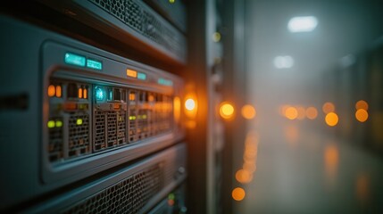 Gleaming server racks with vibrant blue and orange lights create a dynamic modern tech datacenter atmosphere, perfect for innovation and connectivity.