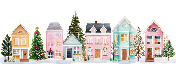 Colorful winter houses with Christmas decorations, snow-covered ground, and pine trees, creating a festive holiday scene