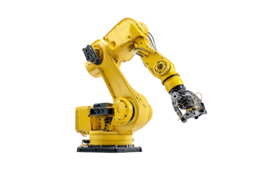 Yellow Industrial Robot Arm Isolated on Transparent Black Background