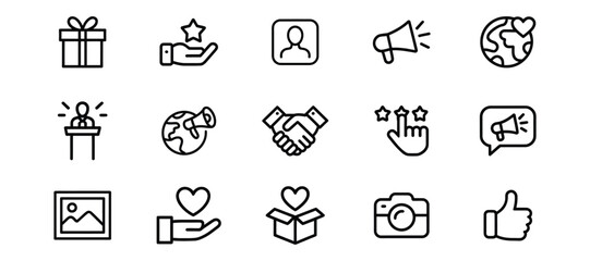 Brand ambassador thin line icons set for marketing and social media promotion isolated on white background