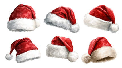 Six classic Santa hat PNGs, high resolution transparent clipart for Christmas designs, cards, invitations, social media, print on demand and festive crafts