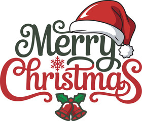 Festive merry christmas graphic design with santa hat jingle bells and snowflake for holiday celebrations and greetings