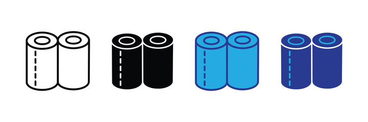 Set of four icons representing toilet paper rolls in different styles outline, solid black, blue, and dark blue, isolated on white background