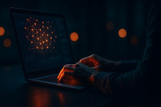 Data scientist training neural network on laptop with glowing graph nodes