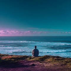 Fototapeta premium Contemplative man overlooking stunning ocean vista searching for peace and clarity on coastal cliffside