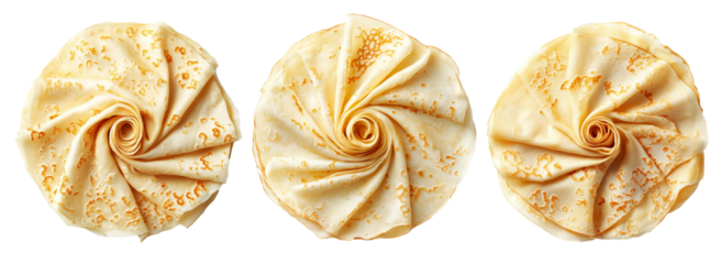 Stack of folded golden crepes arranged in a circular swirl pattern, isolated on white transparent background, concept of homemade food