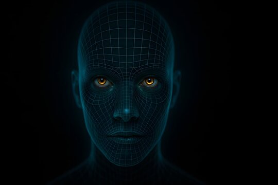 Digital human face with wireframe grid represents biometric identity and security