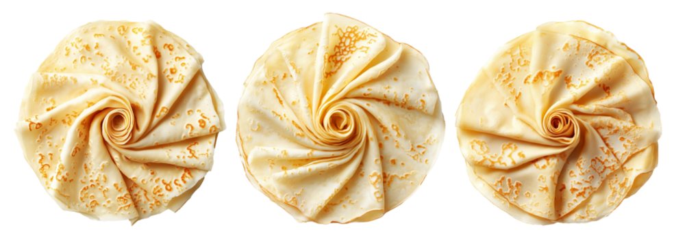 Stack of folded golden crepes arranged in a circular swirl pattern, isolated on white transparent background, concept of homemade food - Powered by Adobe