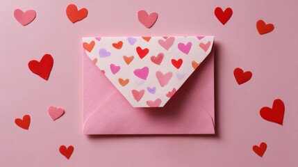 A pink envelope with hearts on it sits on a pink background