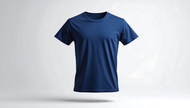 Dark blue blank tshirt mockup floating on a soft white background.
