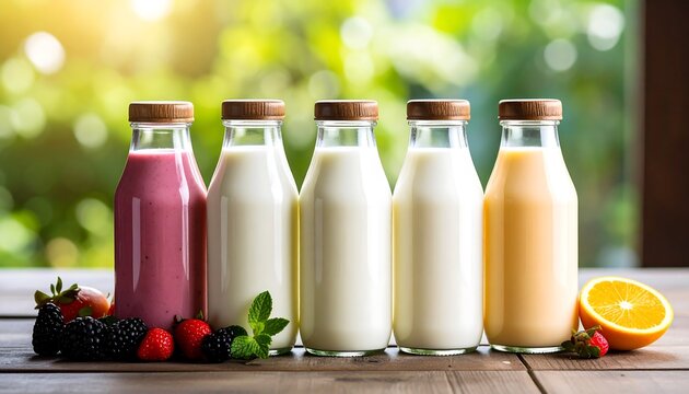 Delicious assortment of colorful smoothies and milkshakes in glass bottles with fruits. - Powered by Adobe