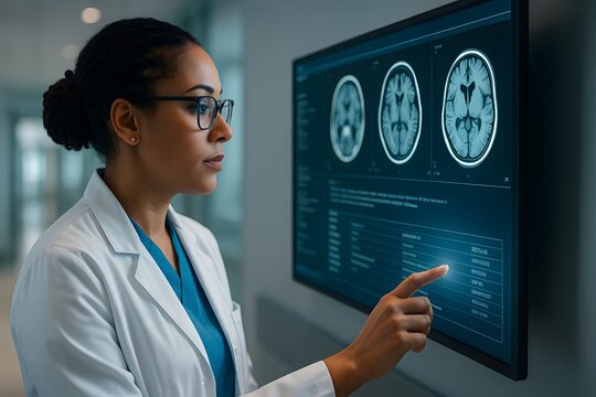 Focused female doctor analyzes brain MRI scans on digital display in modern hospital