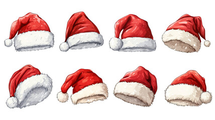 Cartoon Santa hat illustration set in multiple colors high resolution transparent PNG clipart isolated on white for Christmas cards stickers invitations and festive designs
