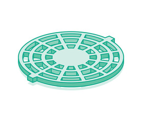 Isometric outline round manhole cover. Urban infrastructure and sewer system element. Illustration.
