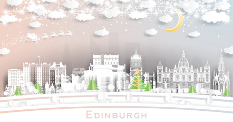 Edinburgh Scotland. Winter city skyline in paper cut style with snowflakes, moon and neon garland. Christmas and new year. Santa Claus on sleigh. Edinburgh cityscape landmarks.