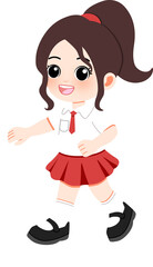Cute young girl with dark hair and a ponytail, wearing a school uniform with a white shirt and red skirt, walking happily with a smile, vector illustration