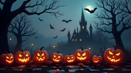 Fototapeta premium Haunted Castle, Glowing Jack-o'-Lanterns, and Bats